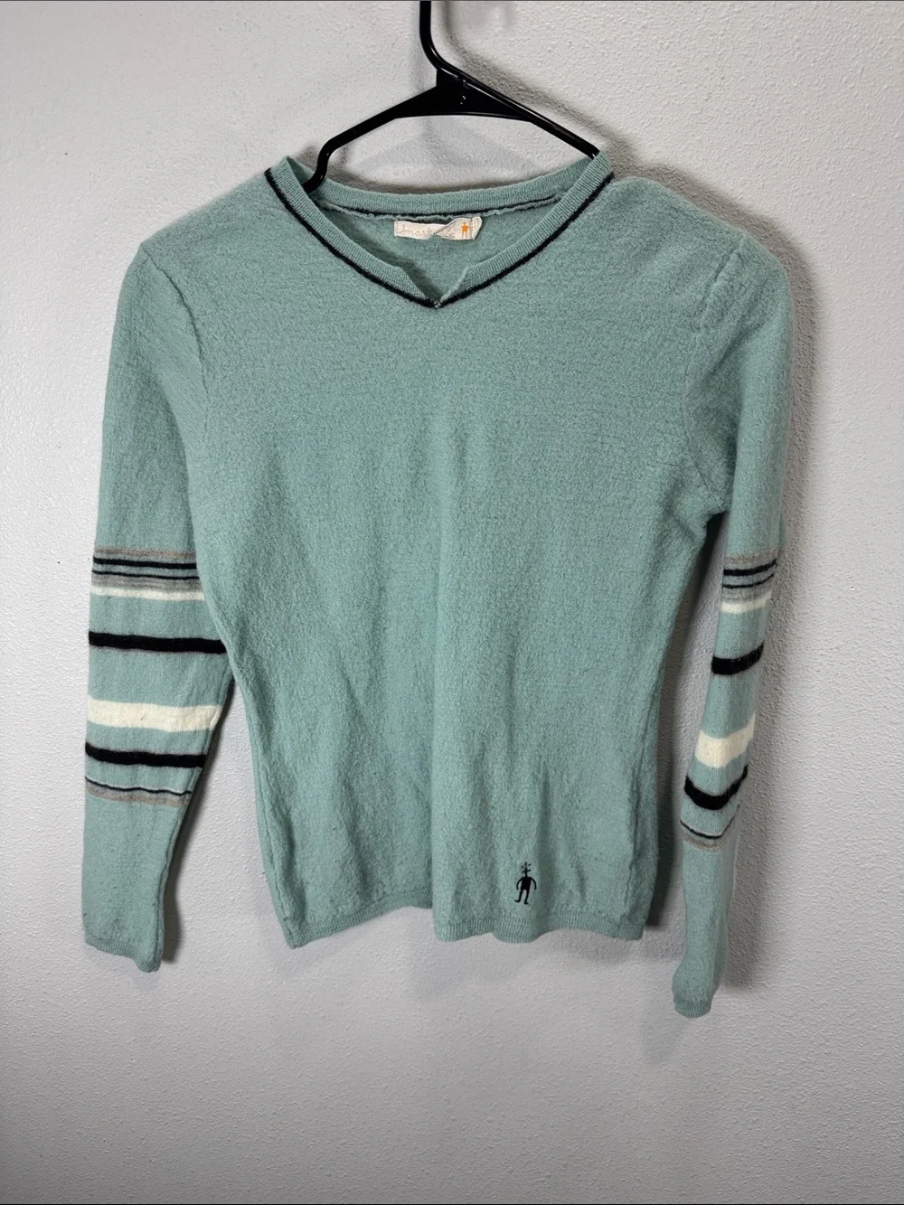 Smartwool Women's Light Teal V-Neck Sweater with Striped Sleeve Detail